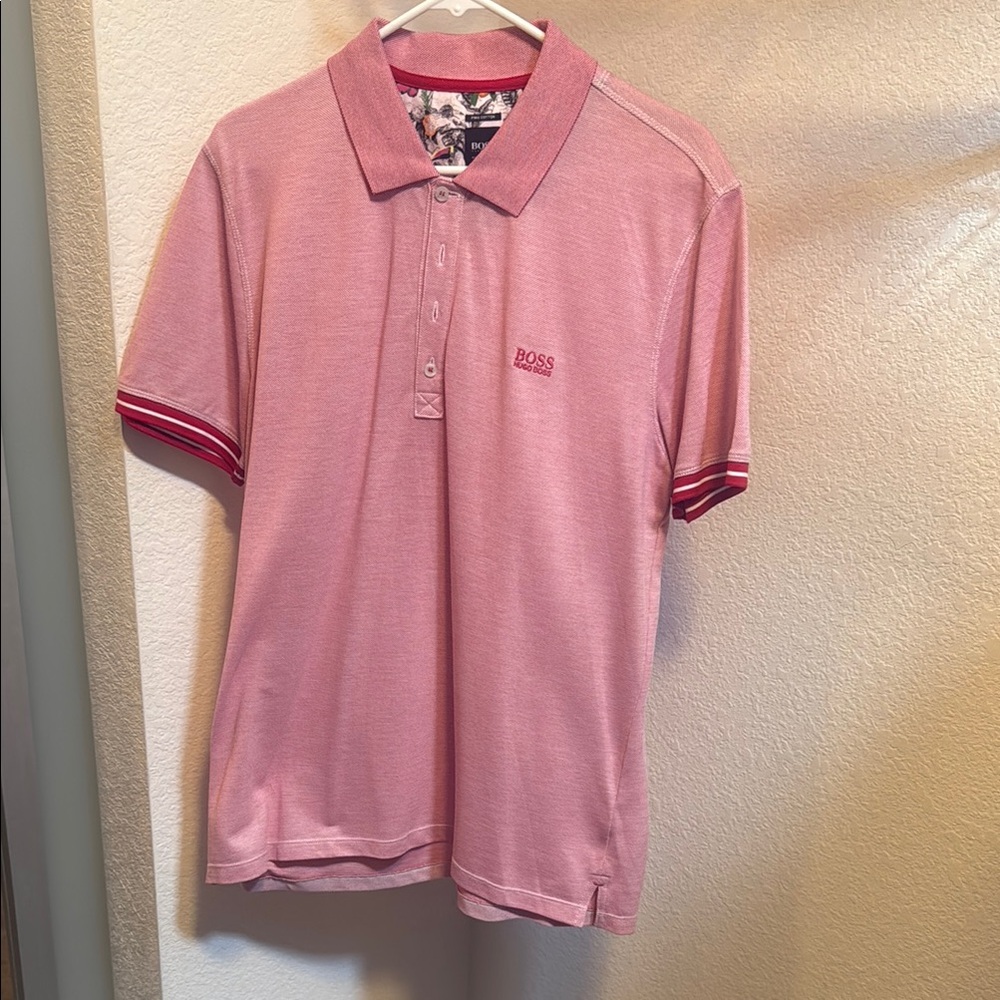 Boss Pink Polo Shirt with Contrasting Cuffs
